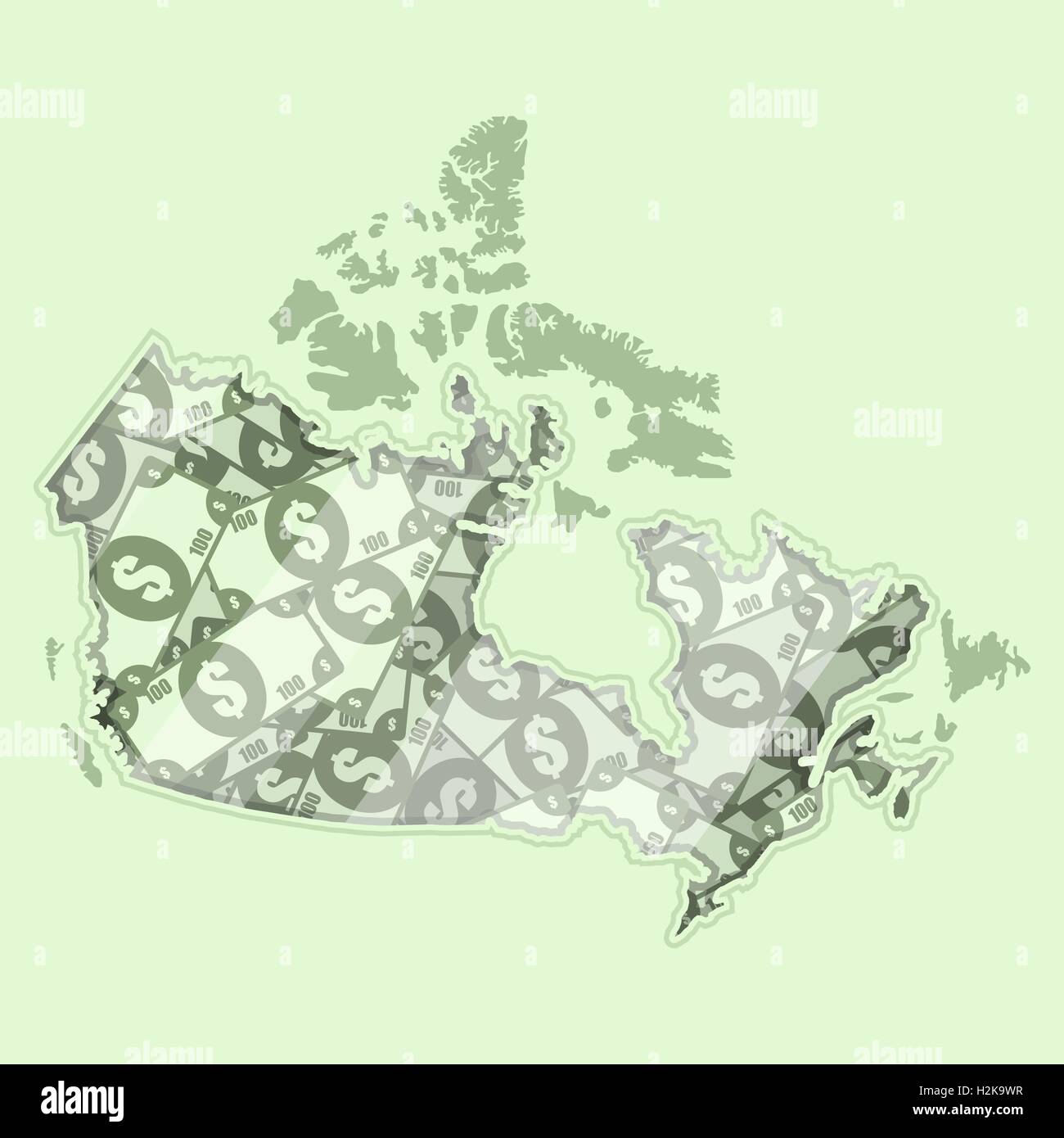 Mappa Canada coperte in denaro, banconote da cento dollari. Sulla mappa vi è la riflessione di vetro. Concettuale. Illustrazione Vettoriale