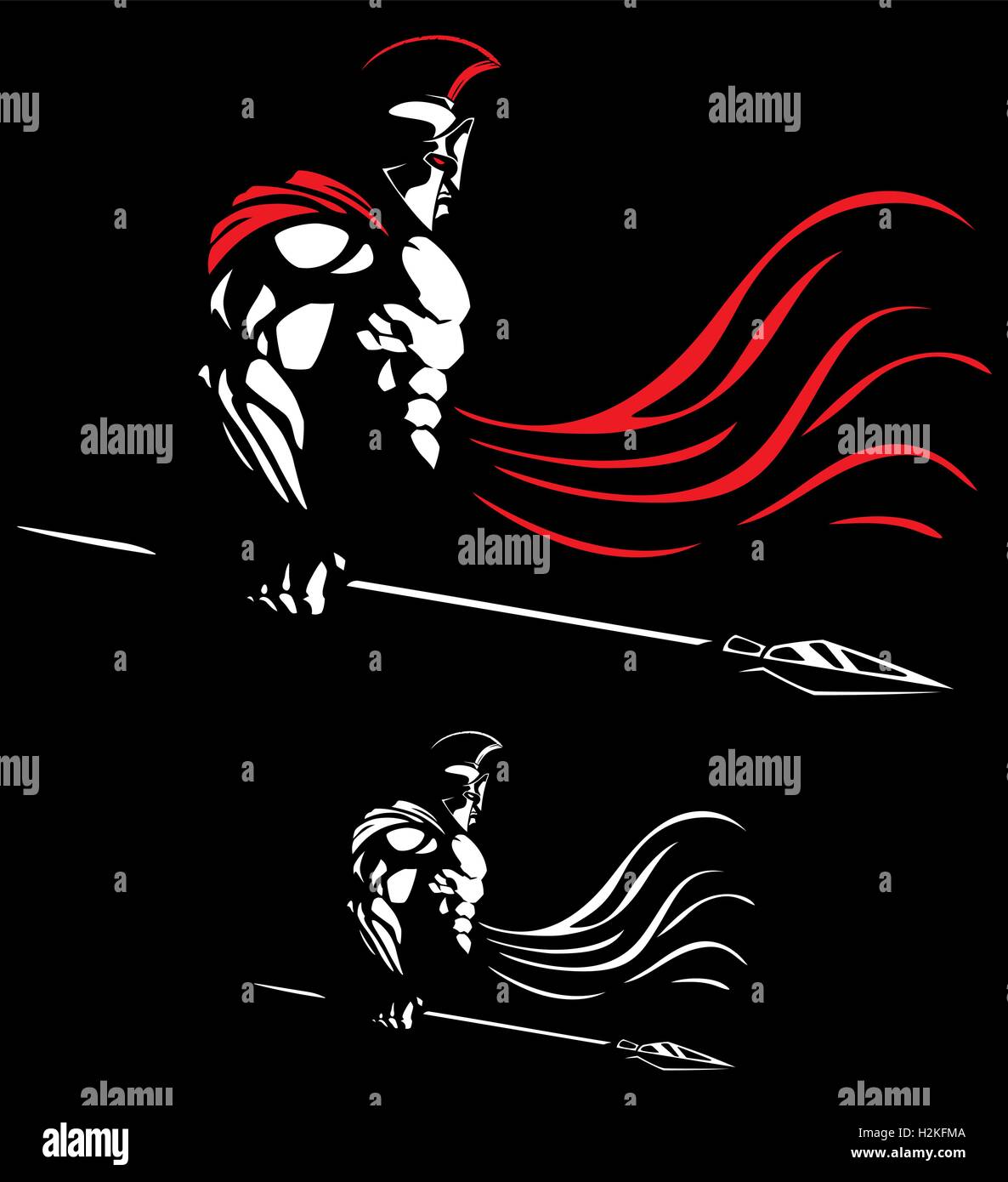 Illustrazione del guerriero spartano su sfondo nero in 2 versioni di colore. Illustrazione Vettoriale