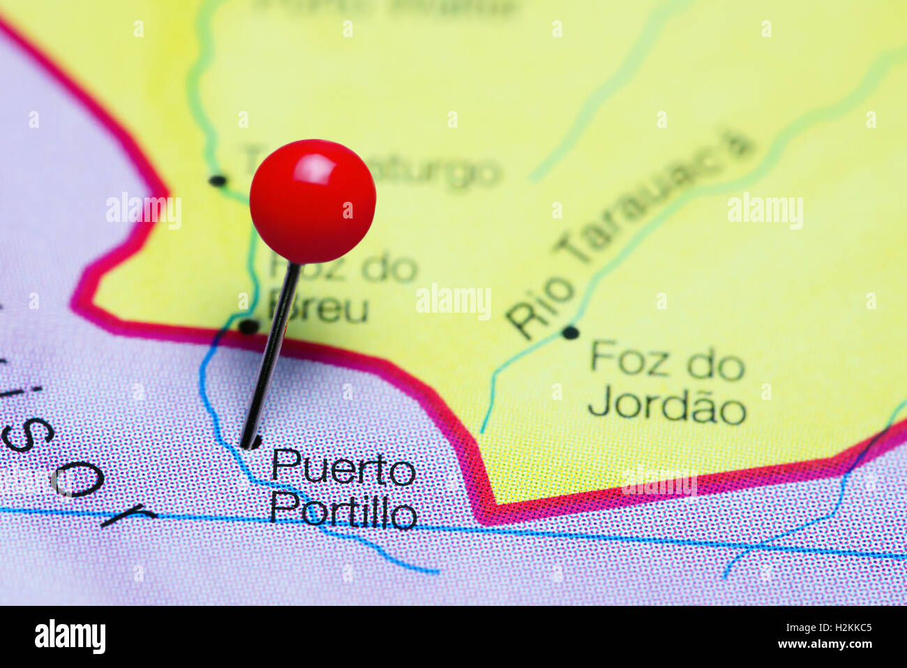 Puerto Portillo imperniata su una mappa di Perù Foto Stock