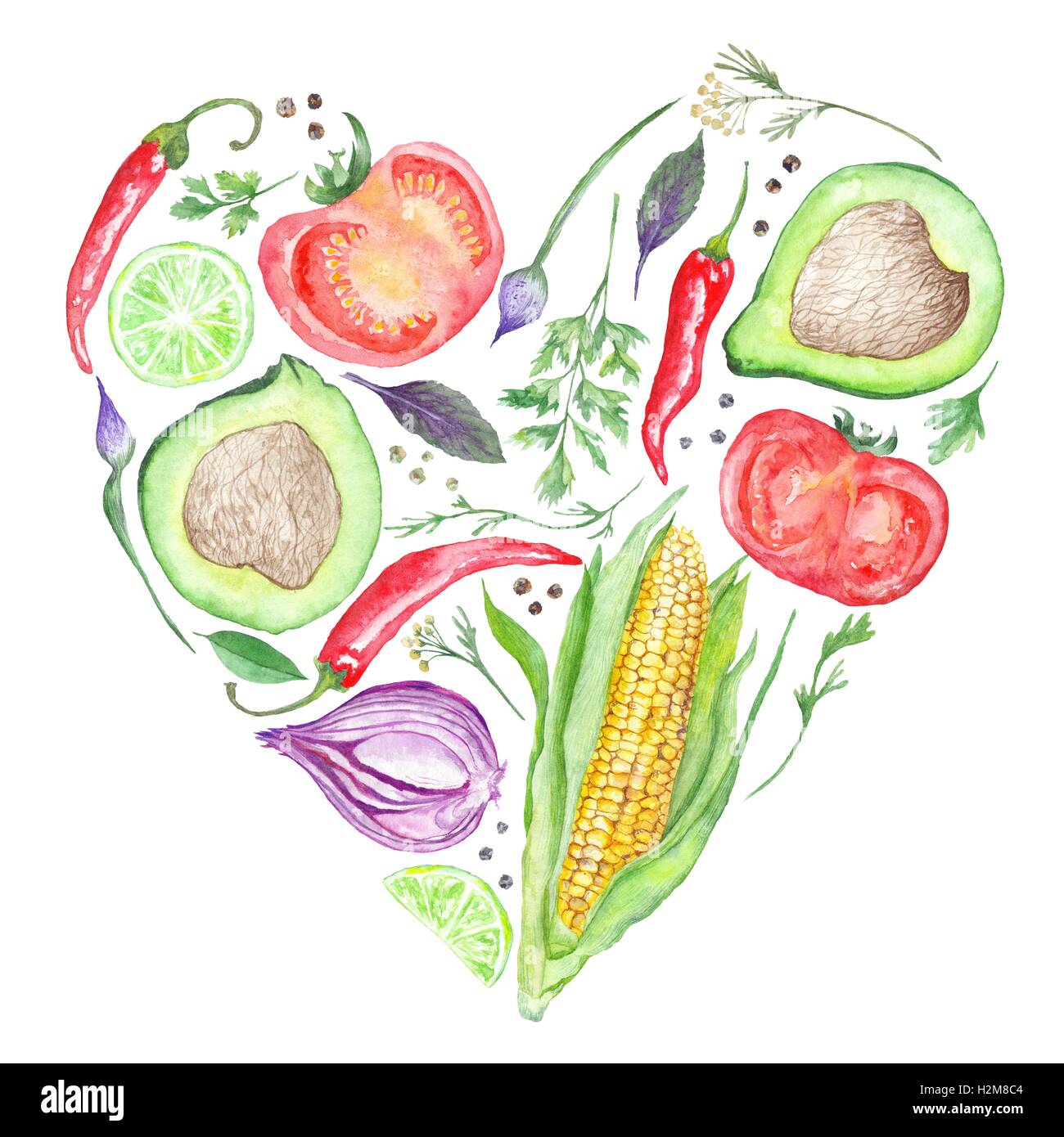 Prodotti vegetariani amore simbolo isolato su sfondo bianco Foto Stock