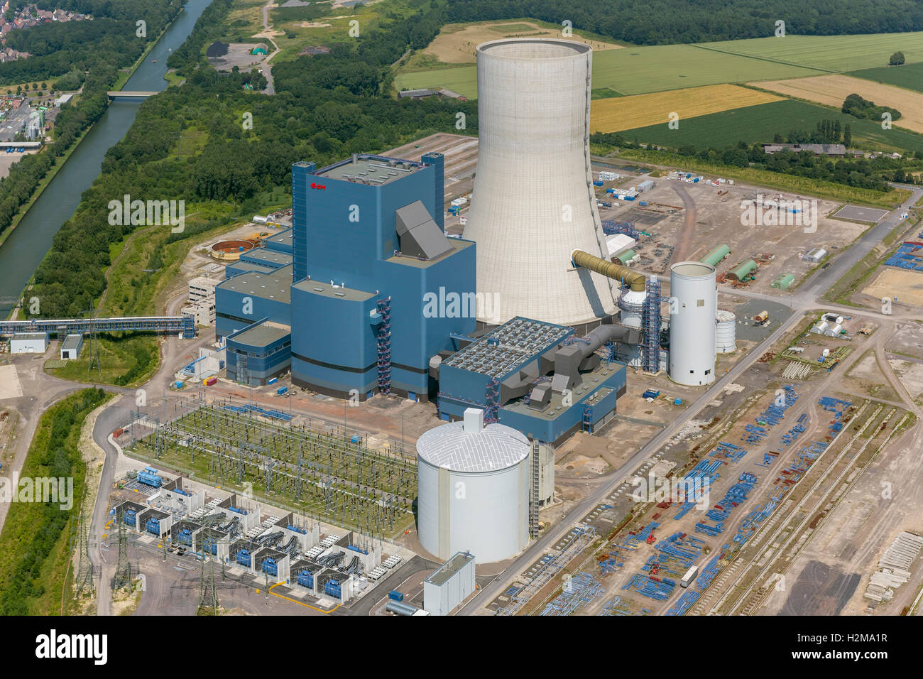 Vista aerea, EON 4, impianto alimentato a carbone sul Dortmund-Ems Canal, edificio freeze, vista aerea di Datteln, la zona della Ruhr, Foto Stock