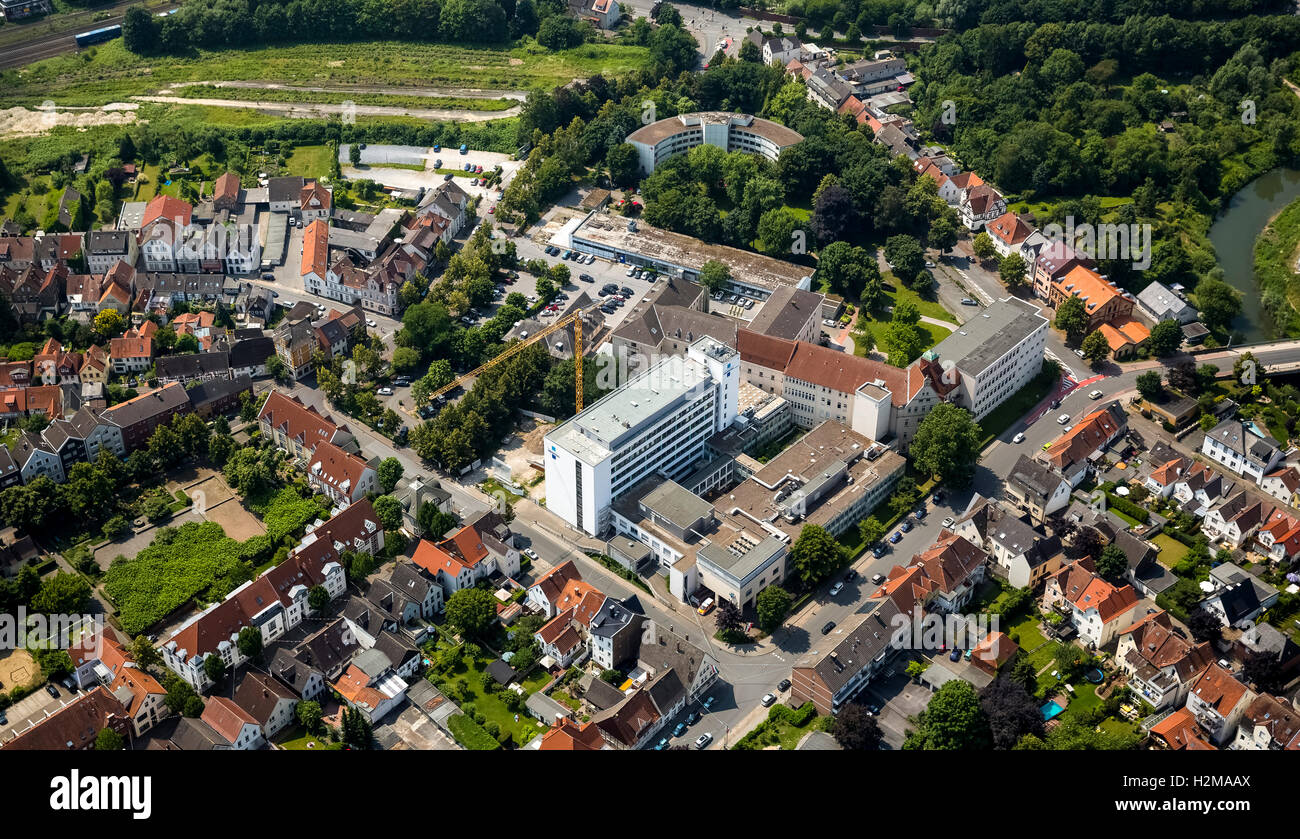 Vista aerea, Trinità Ospedale Lippstadt, Lippstadt, Soest Boerde, pianificato, città di fondazione più antica città della Germania, la zona della Ruhr, Foto Stock