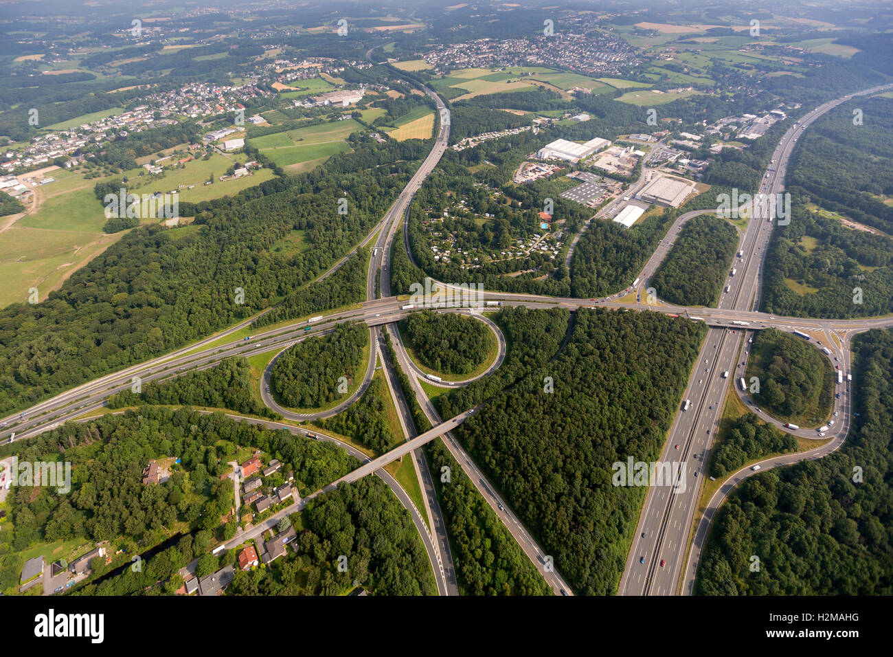 Fotografia aerea, A1, interchange Wuppertal AK nord A46 e A43, fotografia aerea di Sprockhövel, Renania settentrionale-Vestfalia Foto Stock