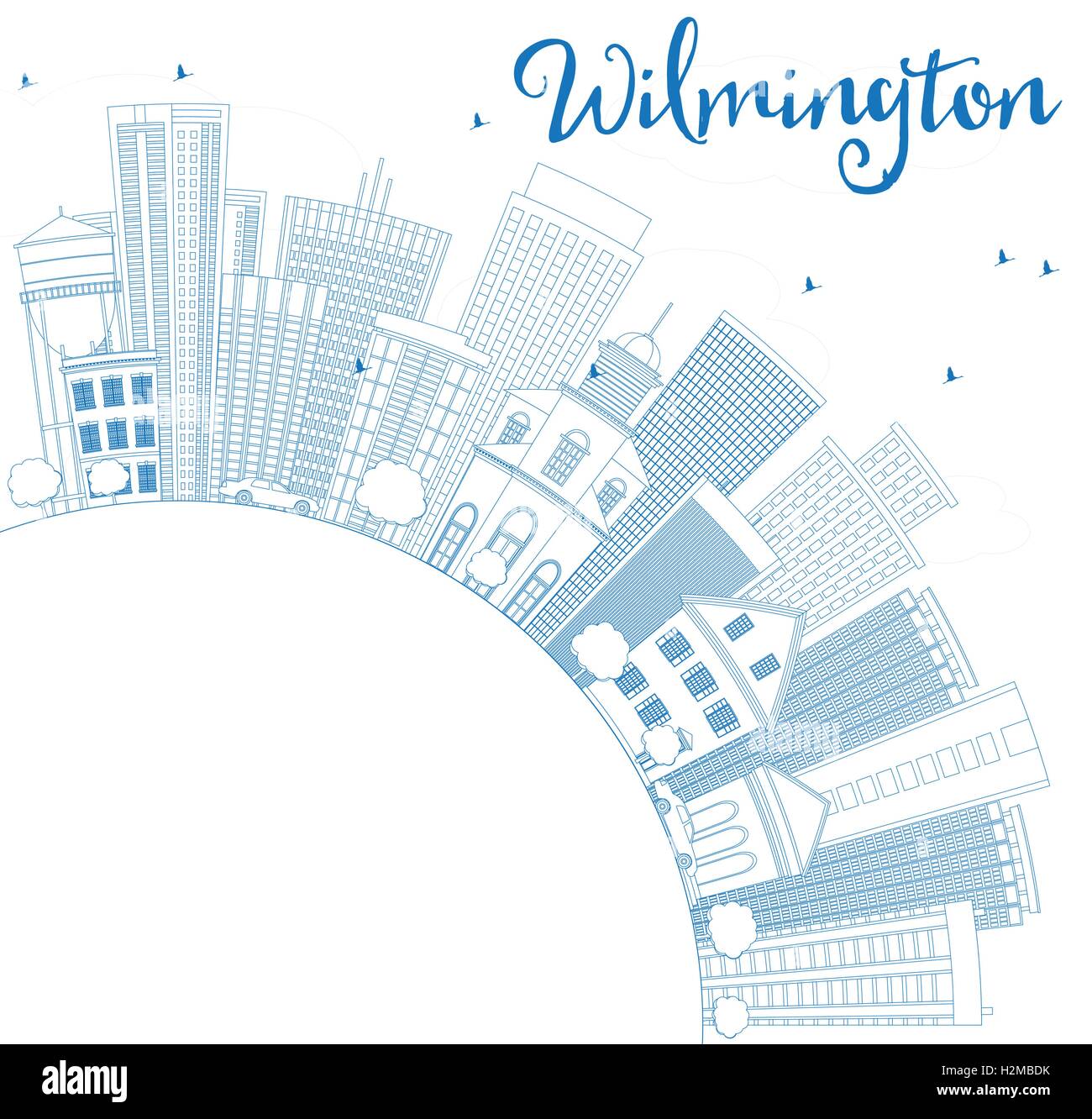 Delineare Wilmington Skyline con edifici blu e copia di spazio. Illustrazione Vettoriale. Viaggi di affari e turismo Concept Illustrazione Vettoriale