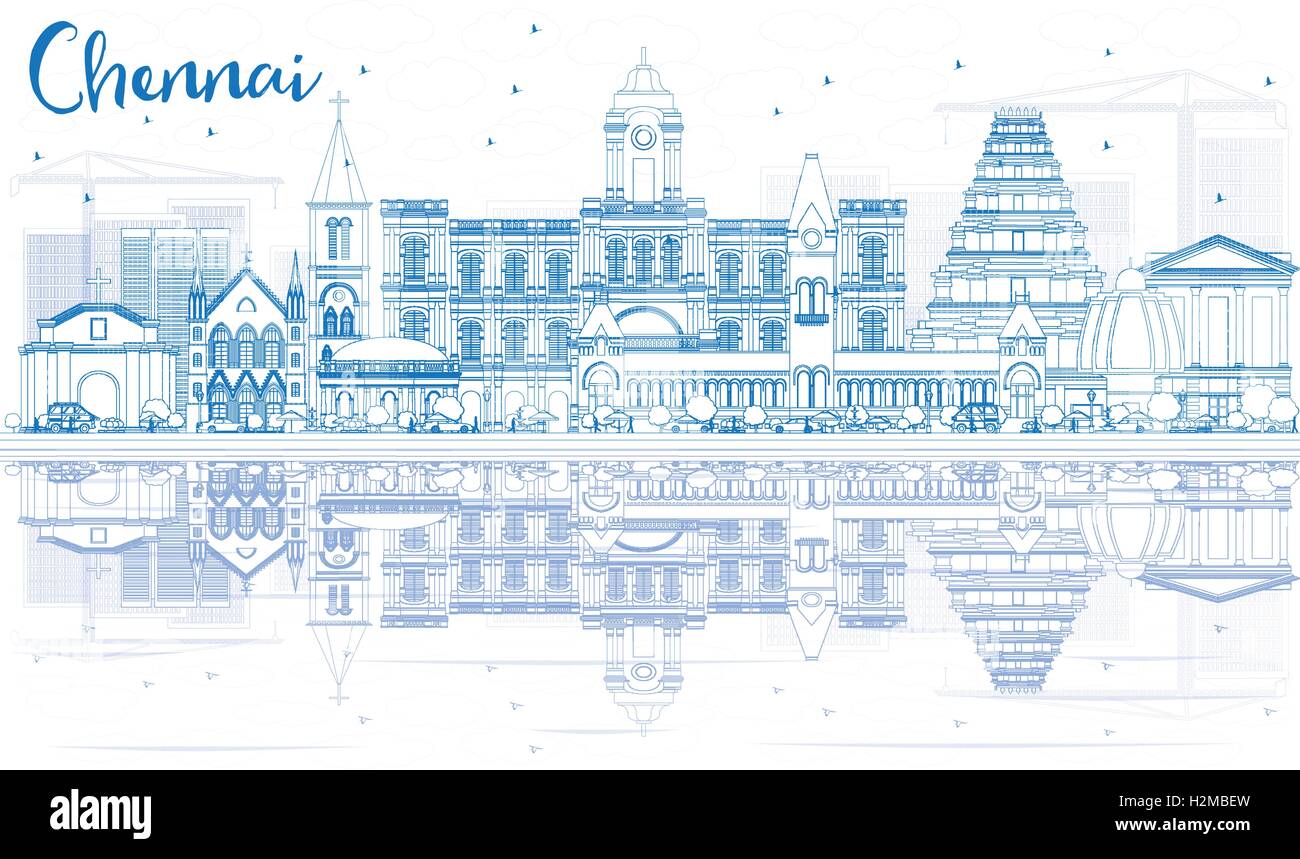 Profilo dello Skyline di Chennai con punti di riferimento Blu e riflessi. Illustrazione Vettoriale. Viaggi di affari e turismo Concept Illustrazione Vettoriale