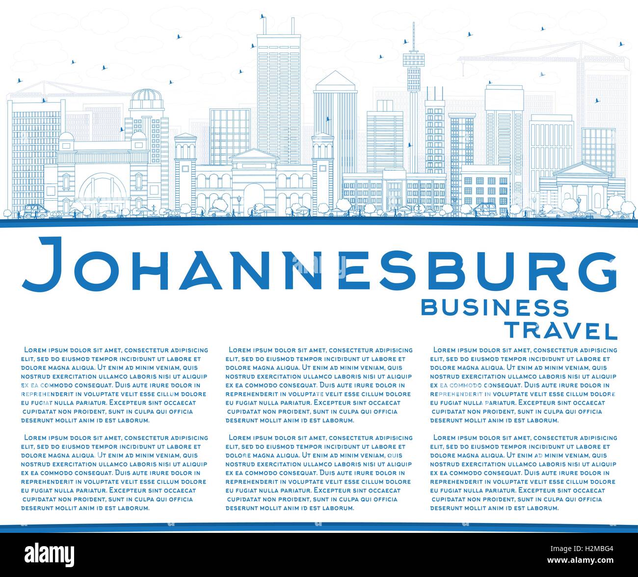 Profilo dello Skyline di Johannesburg con edifici blu e copia di spazio. Illustrazione Vettoriale. Viaggi di affari e turismo Concept Illustrazione Vettoriale