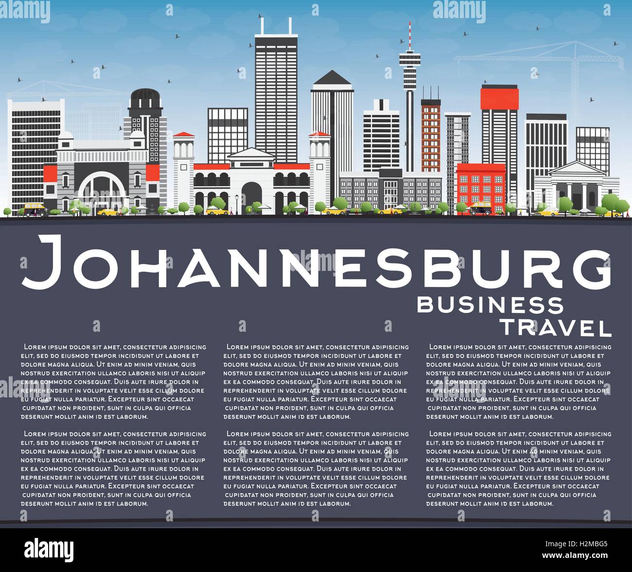 Lo Skyline di Johannesburg con edifici grigi, Blu Cielo e spazio di copia. Illustrazione Vettoriale. Viaggi di affari e turismo Concept Illustrazione Vettoriale