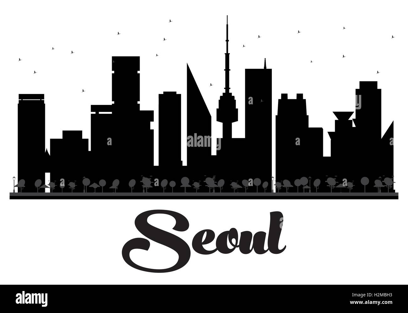 Seoul Città skyline in bianco e nero la silhouette. Illustrazione Vettoriale. Concetto per il turismo presentazione, banner, cartellone o web Illustrazione Vettoriale