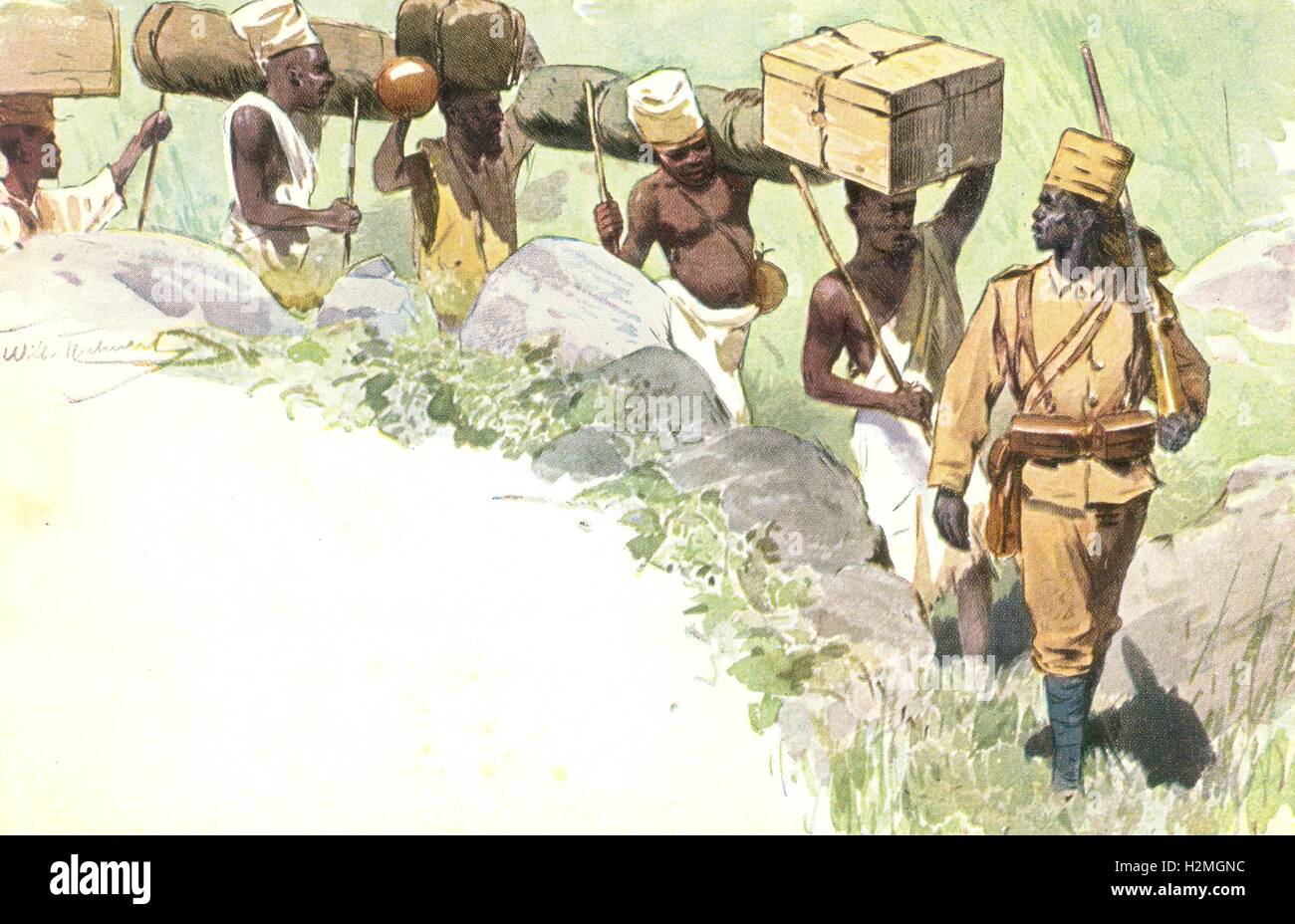 Cartolina Chromolithographed della colonna di segnalatori acustici Askari porters Foto Stock
