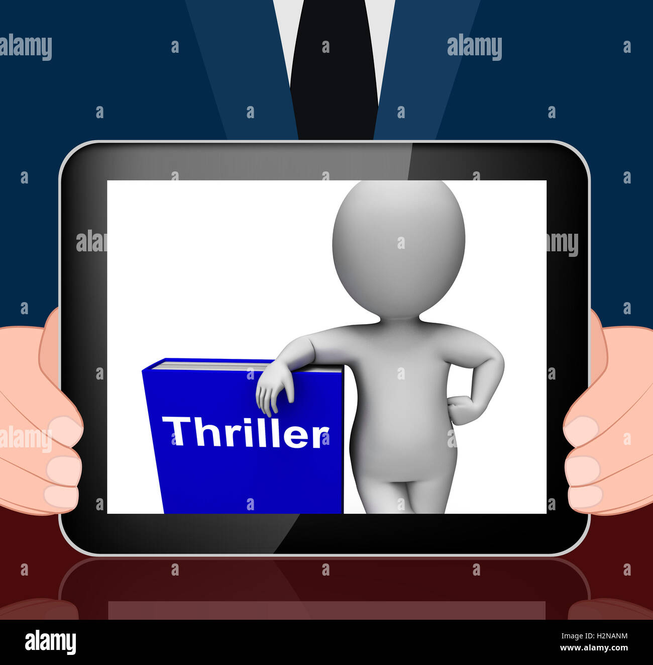 Thriller libro carattere e la visualizzazione di libri su azione avventura mistero Foto Stock