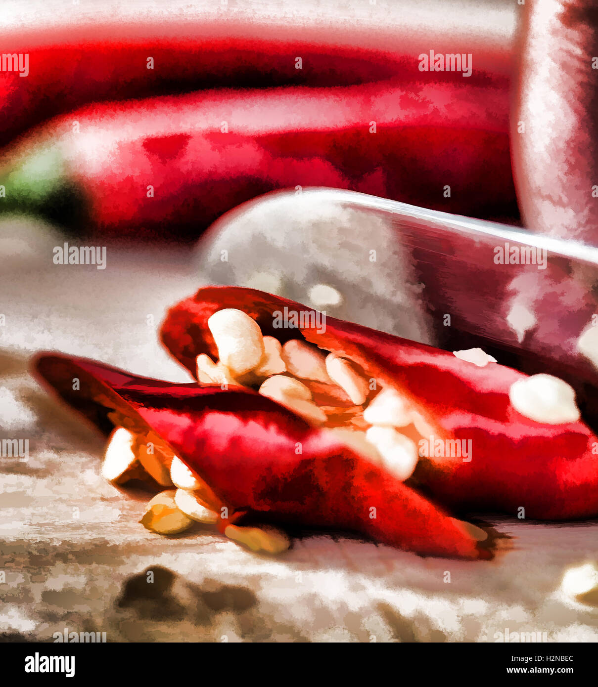 Tritare il peperoncino che rappresentano la capsaicina condimenti e spezie Foto Stock