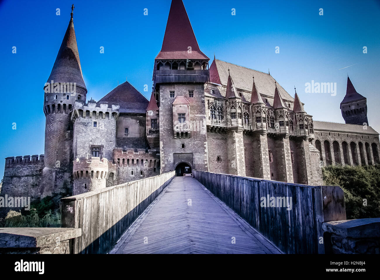 Castello Hunyad, chiamato anche il castello di Korwin o il castello di Dracula, a causa di collegamenti e leggende relative a Vlad III di Wallach Foto Stock