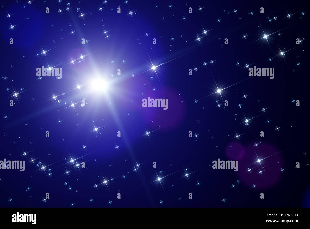 Illustrazione astratta che rappresenta lo sfondo con un modello di spazio affollato da scintillanti stelle scintillanti con una stella vicina Foto Stock
