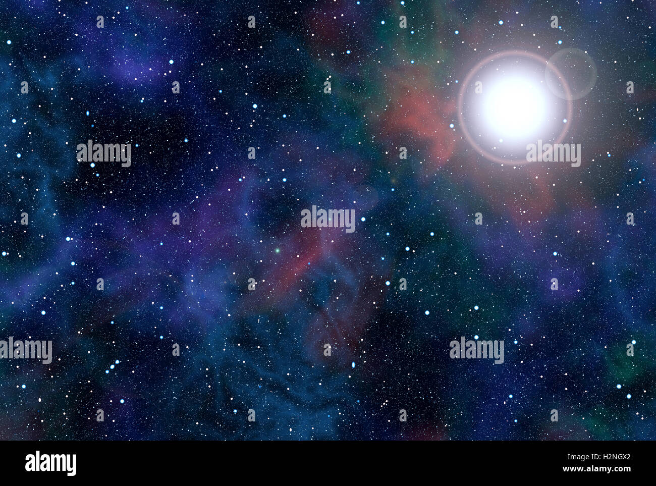 Alta risoluzione sfondo astratto con spazio cosmico riempito dalle stelle. Stella luminosa in stretta prossimità e nebulose colorate Foto Stock