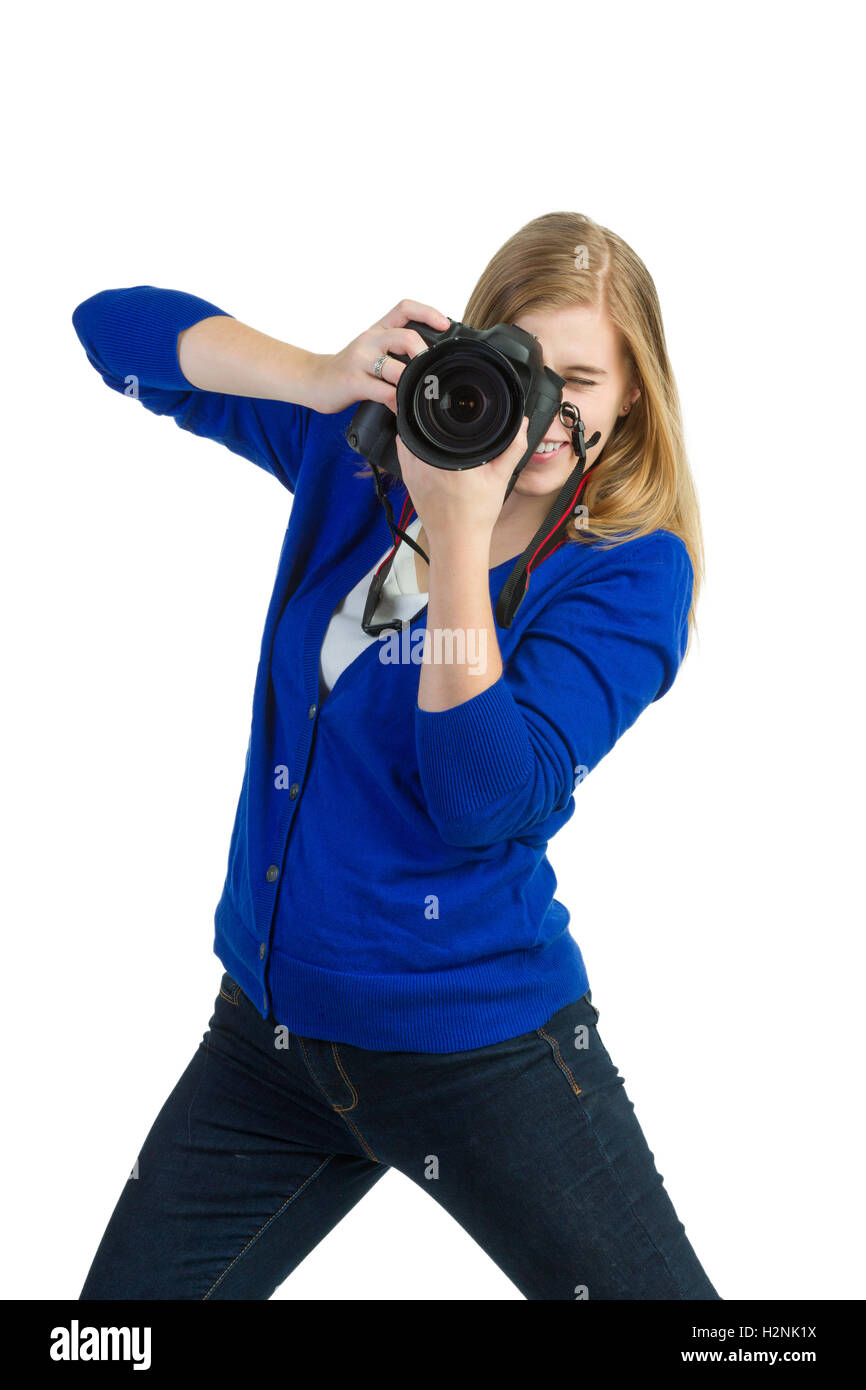 Un attraente donna bionda con una telecamera Foto Stock