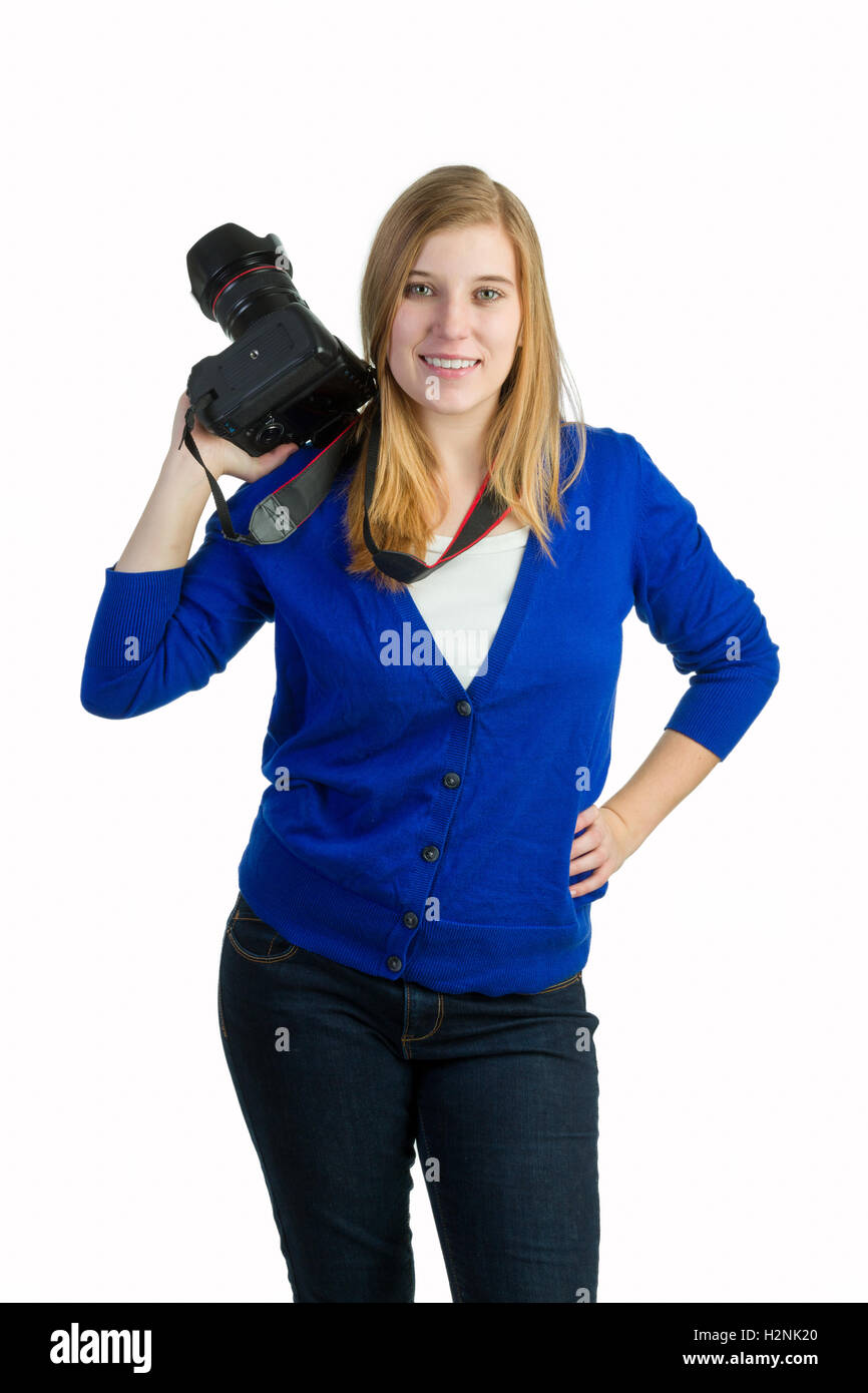 Un attraente donna bionda con una telecamera Foto Stock