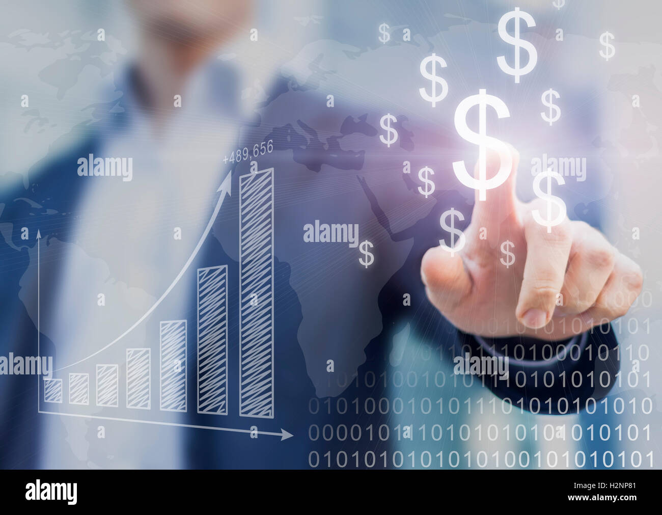 Imprenditore presentando analisi finanziaria con grafici generati dai dati di grandi dimensioni visualizzando il successo internazionale e segni di dollaro Foto Stock