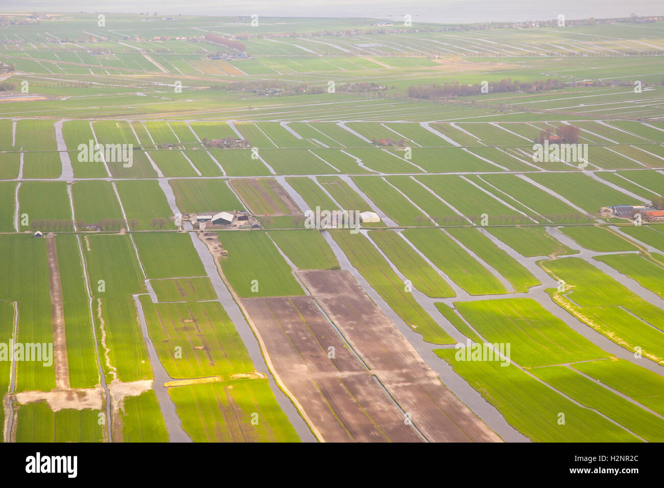 Vista da sopra alla Dutch verde paesaggio con acqua Foto Stock