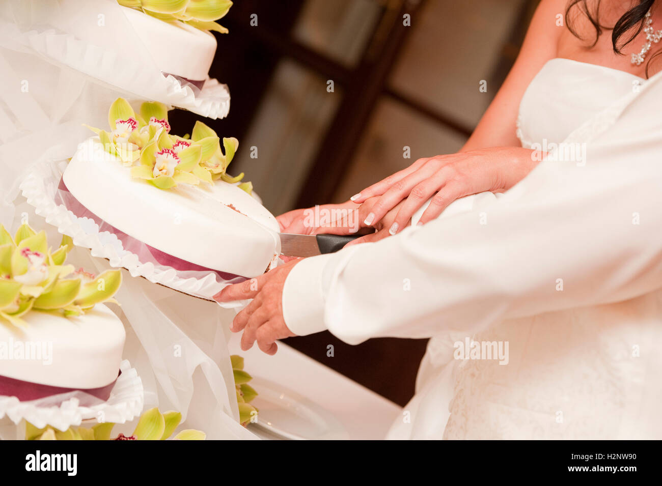 Coppia di sposi il taglio della torta di nozze Foto Stock