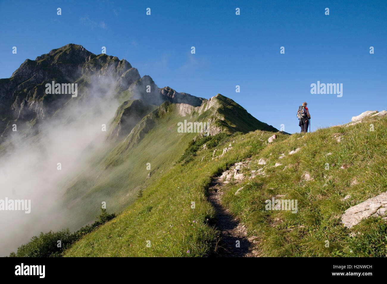 Escursionista su Mt. Eisenerzer Reichenstein, Eisenerz, Stiria, Austria, Europa Foto Stock
