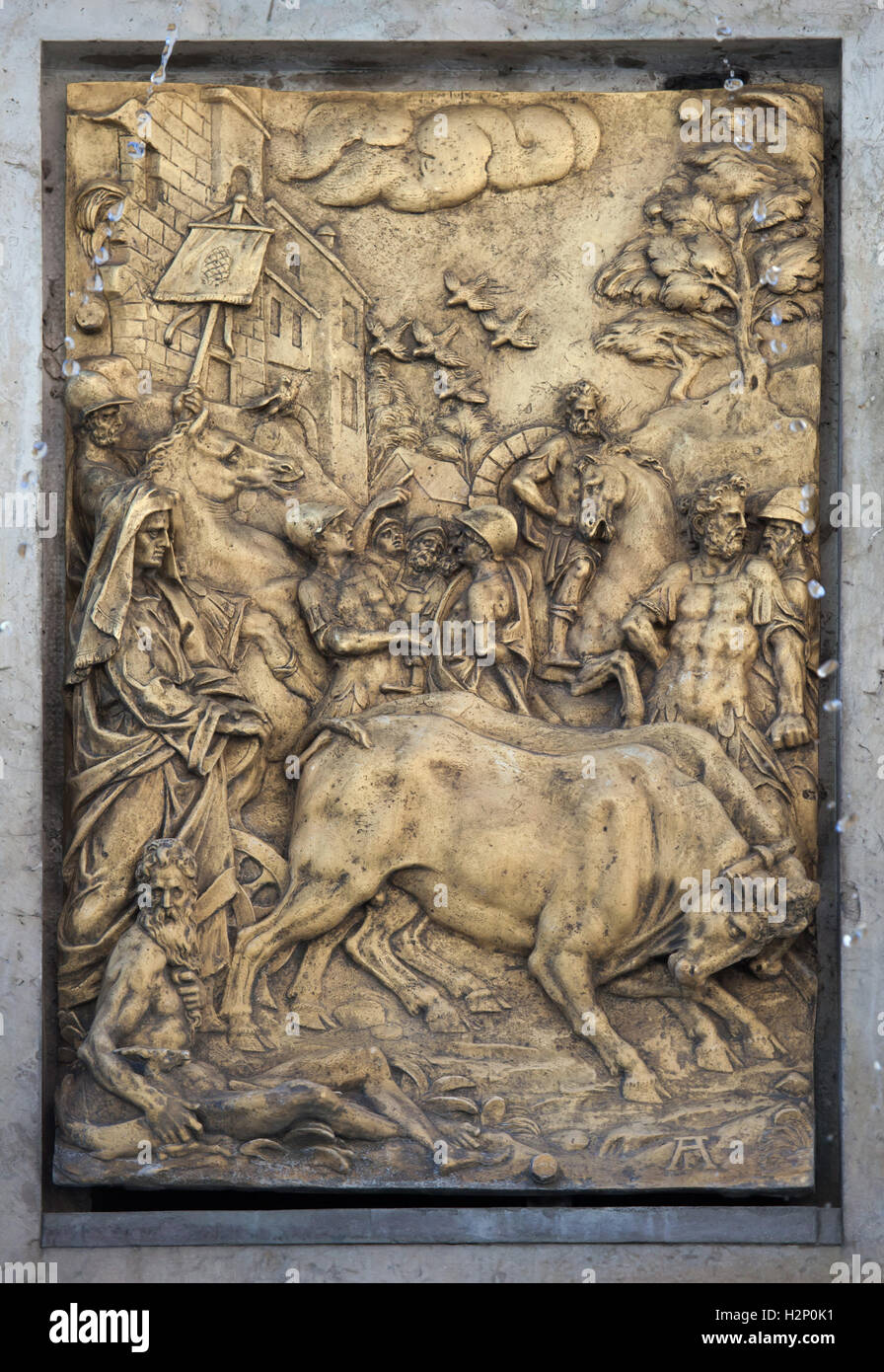 Fondazione di Augusta Vinelicorum (Augusta). Bronzo dorato sollievo da olandese scultore manierista Adriaen de Vries sul Hercules Fontana di Augsburg, Baviera, Germania. Augusta Vinelicorum era il nome romano di Augusta. Foto Stock