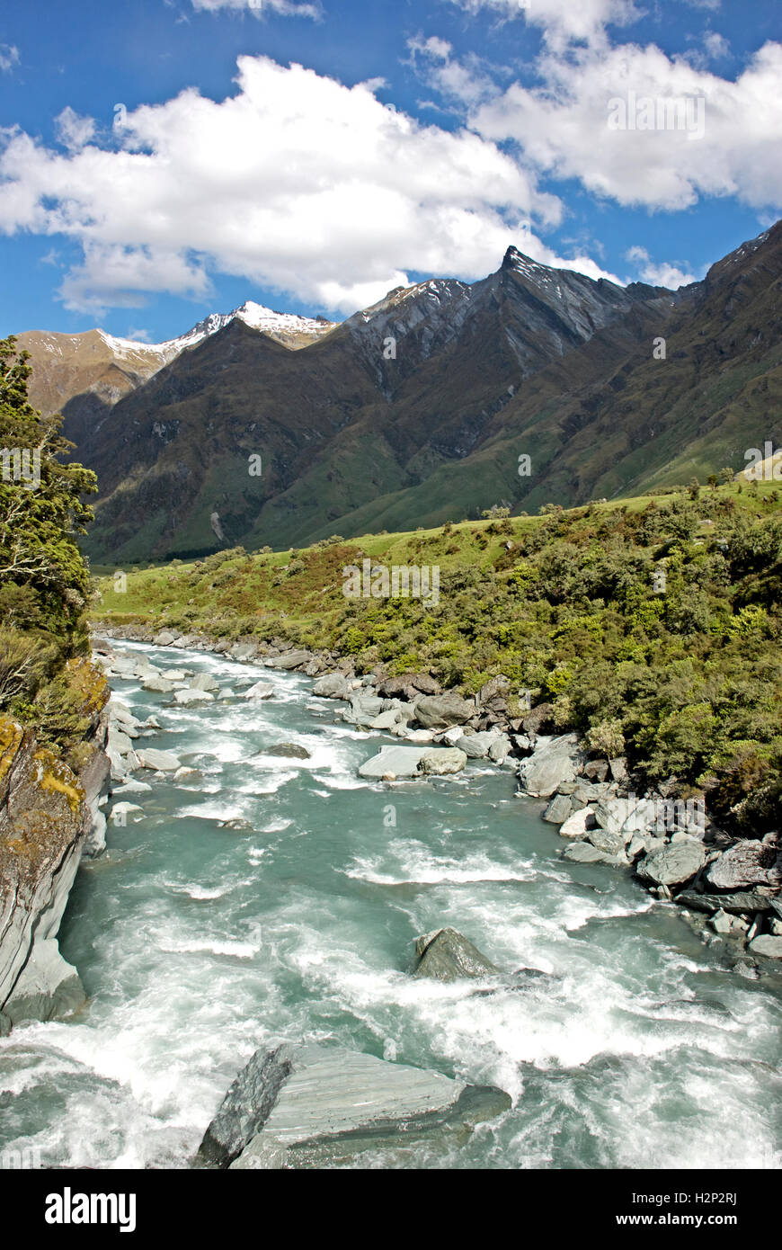 Il fiume Matukituki, montare gli aspiranti National Park, Otago, Nuova Zelanda. Foto Stock