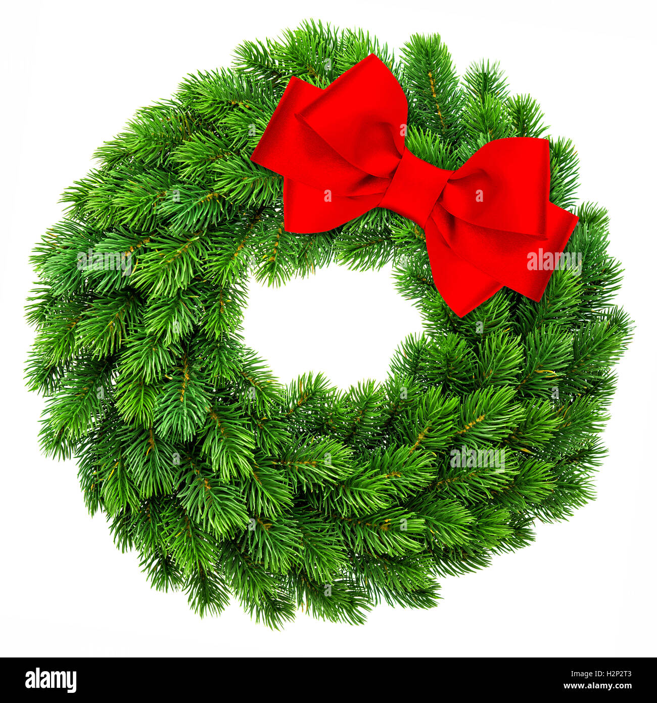 Decorazione di Natale corona di evergreen wit red ribbon bow isolati su sfondo bianco. Merry Xmas Foto Stock