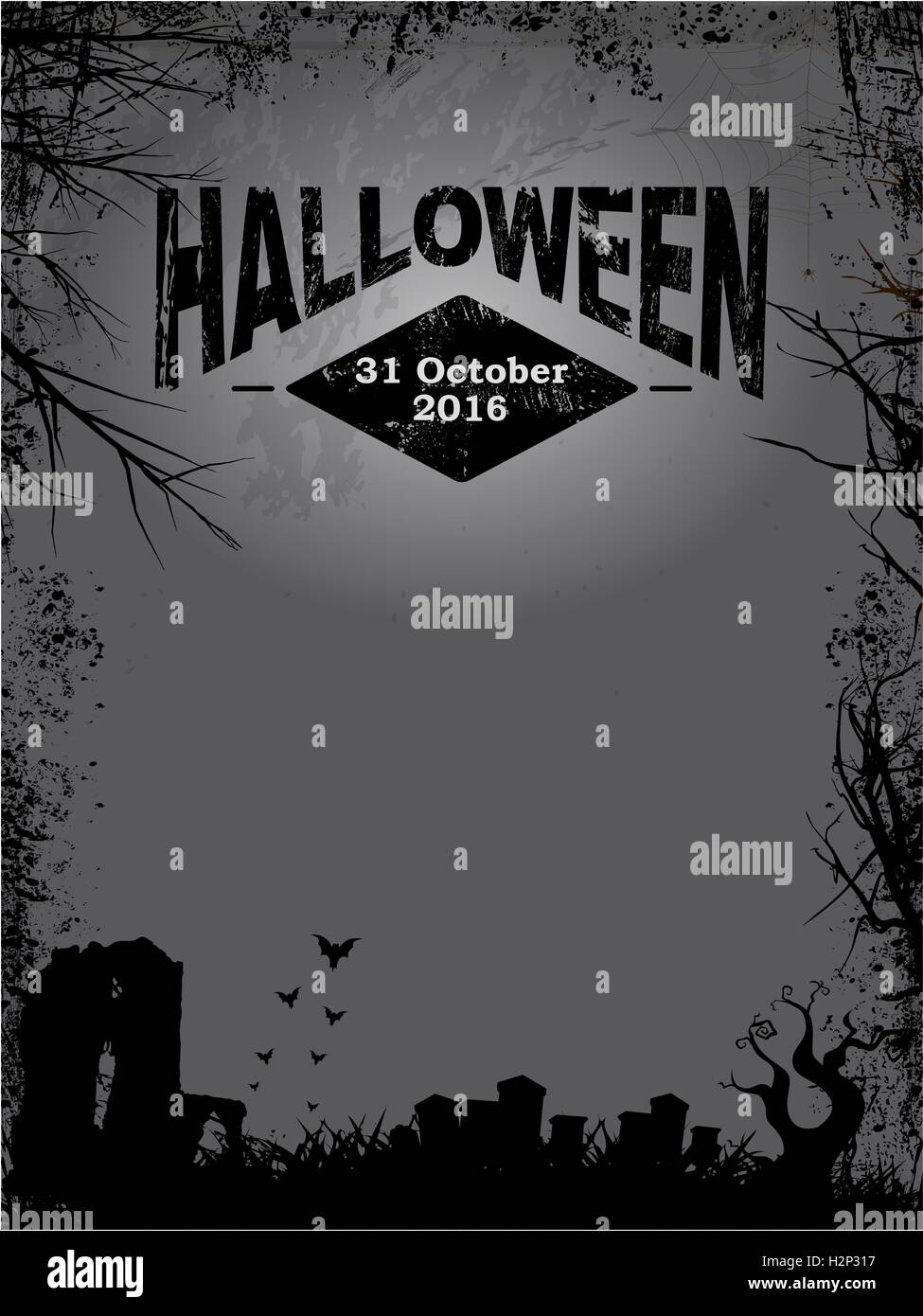 Grunge Halloween Dark Poster con lapidi pipistrelli e alberi Foto Stock