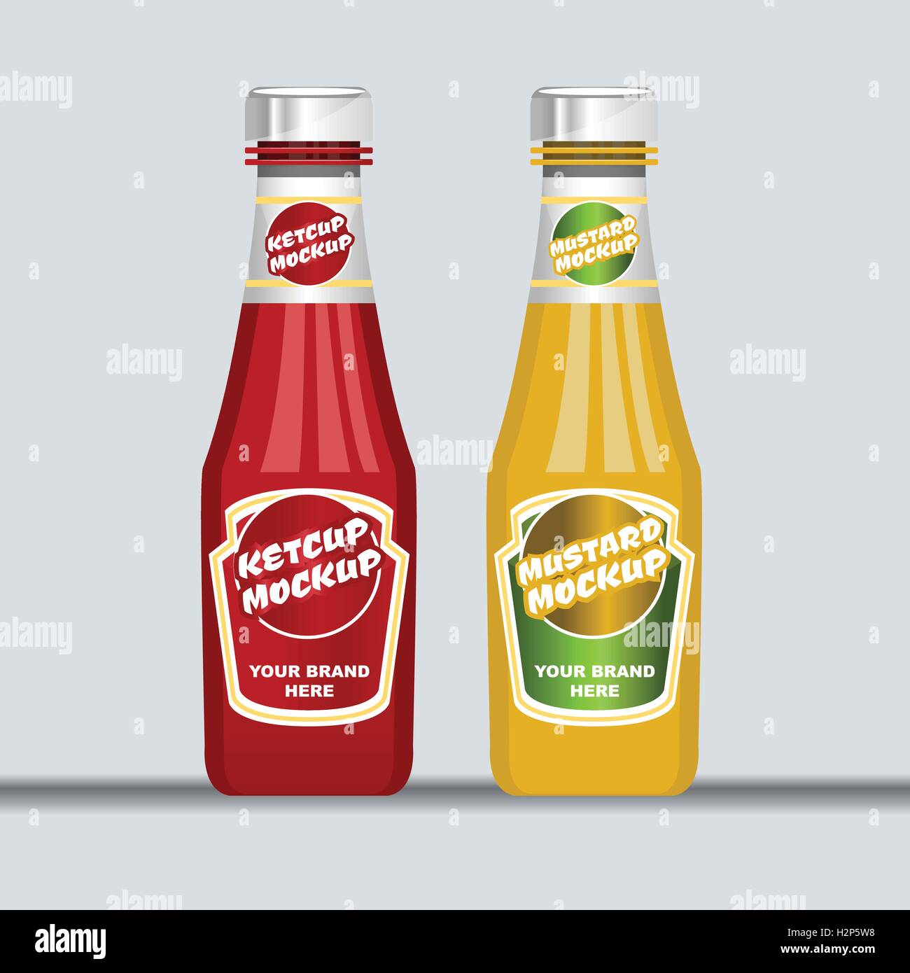 Vettore digitale rosso e marrone di ketchup e senape in plastica e bottiglia di vetro mockup, pronto per il vostro logo e design, stile piatto Illustrazione Vettoriale