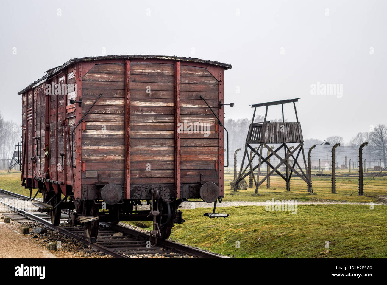 Carrello del treno a birkenau campo di concentramento in Polonia Foto Stock