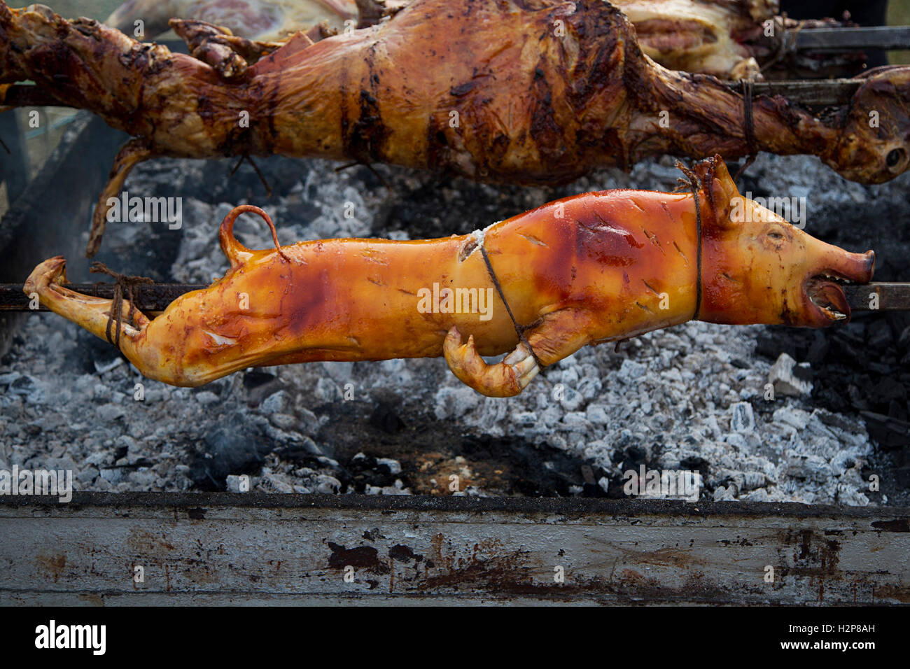 Vista al maiale arrosto allo spiedo Foto Stock