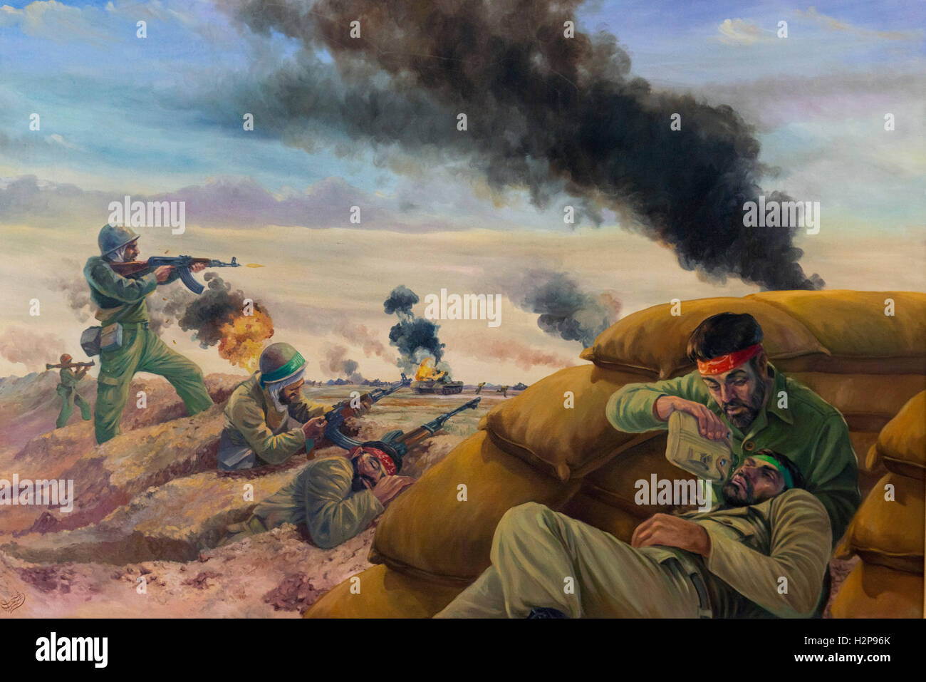 Kerman, Museo della Sacra difesa, Pittura di eroici soldati durante la guerra in Iraq Foto Stock