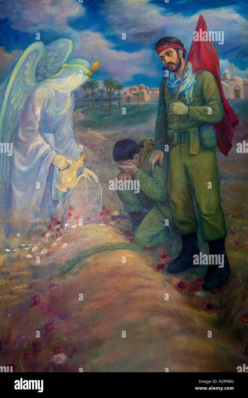 Kerman, Museo della Sacra difesa, pittura di un martire della guerra in Iraq Foto Stock