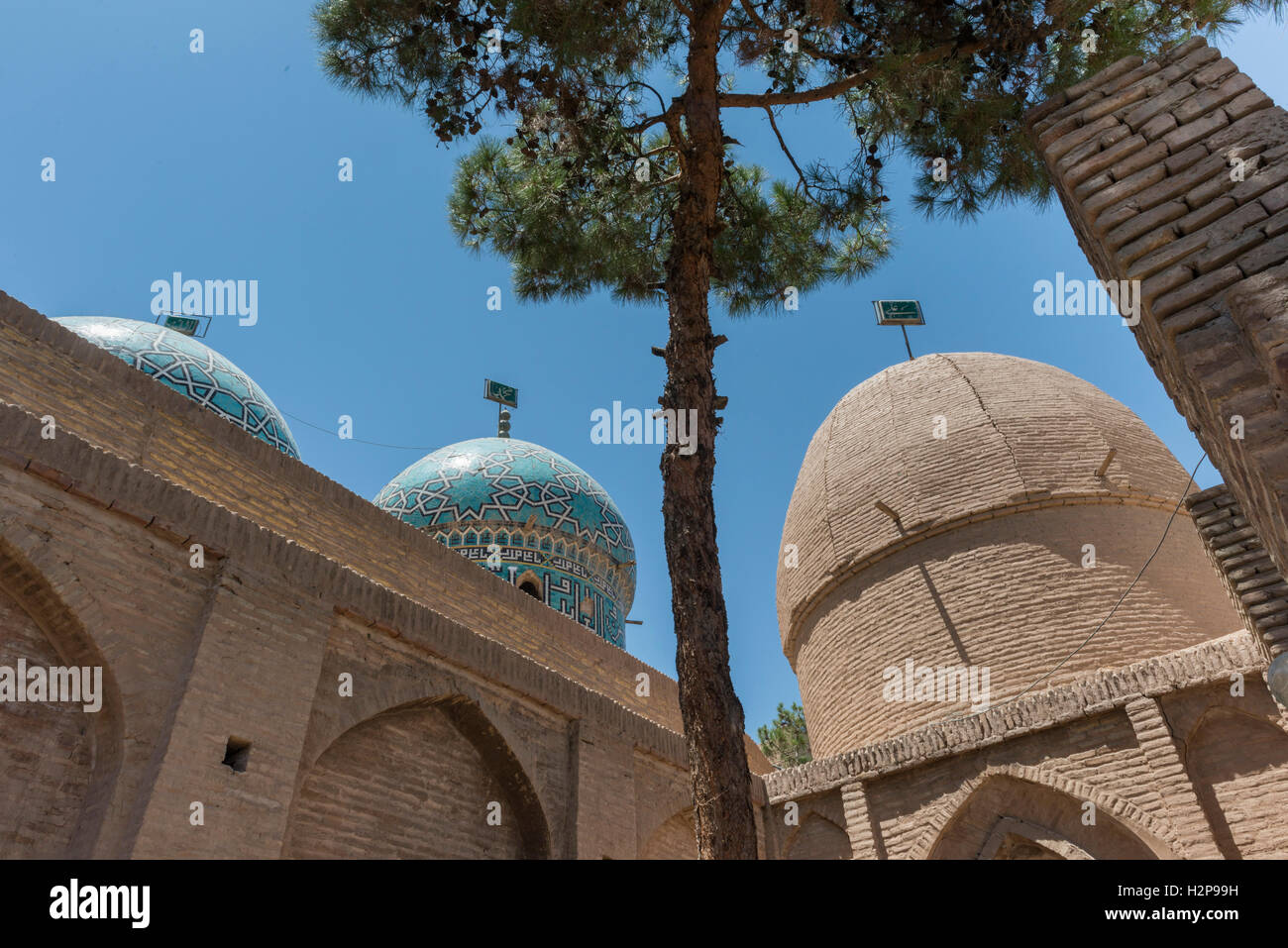 Kerman, Moshtari-ye Moshtaq Ali Shah Qajar era rivestito di piastrelle blu cupole visto da giardino Foto Stock