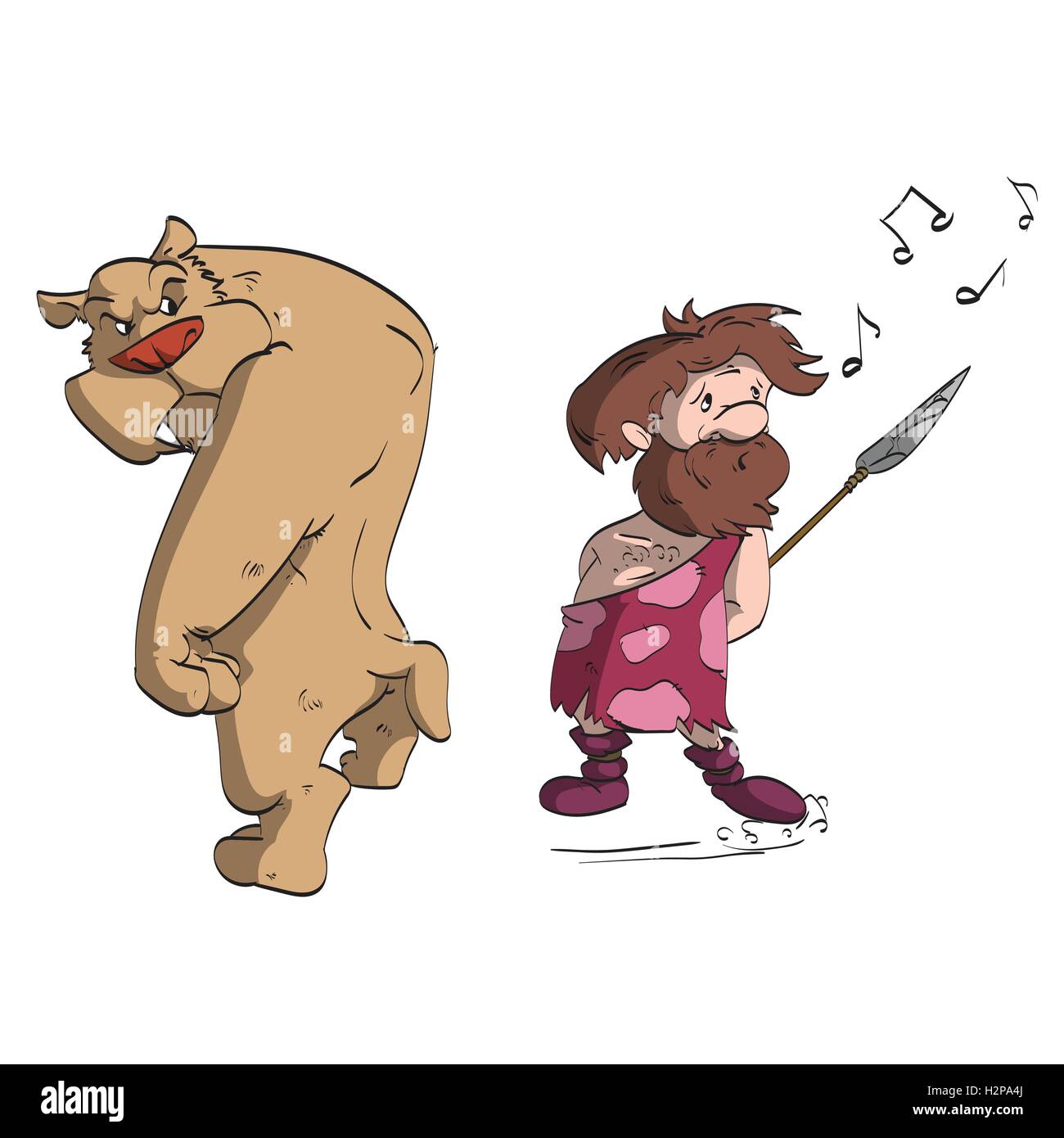 Fumetto illustrazione vettoriale di un caveman caccia un sabertooth tiger, fingendo che egli non è stalking angry cat, al fine di evitare Illustrazione Vettoriale