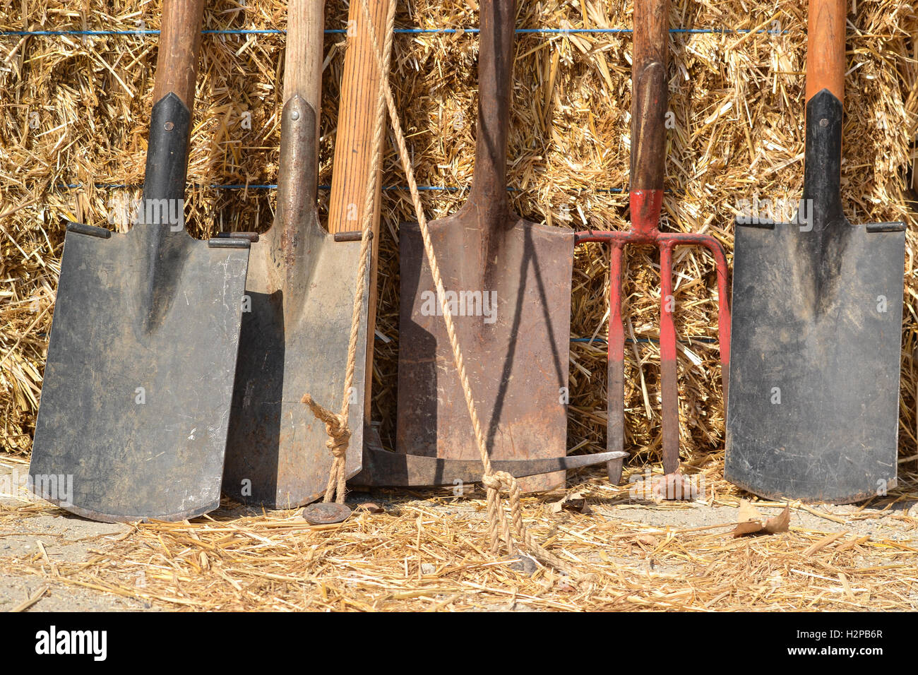 Agricoltura e Giardinaggio strumenti visualizzati contro la balla di fieno Foto Stock
