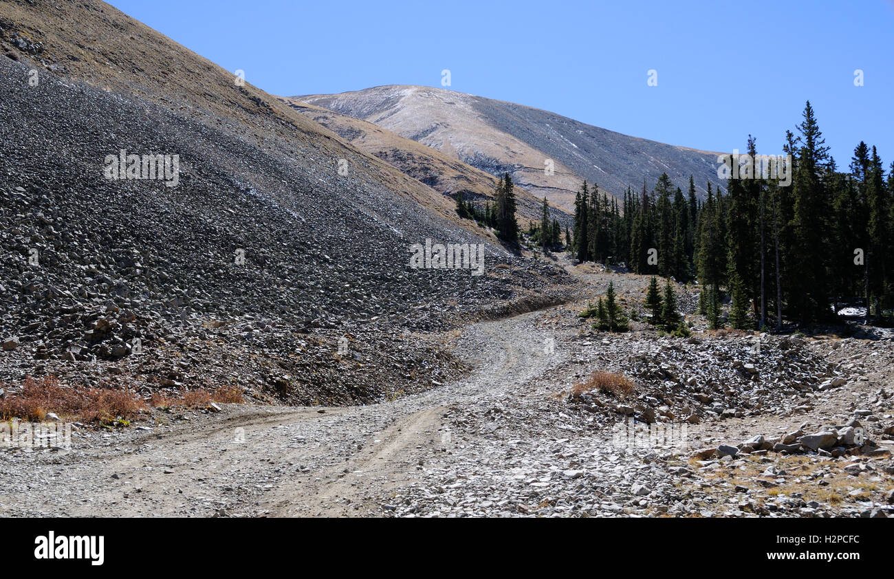 La Baldwin Gulch Jeep road sull'approccio al Monte Antero, Colorado Foto Stock