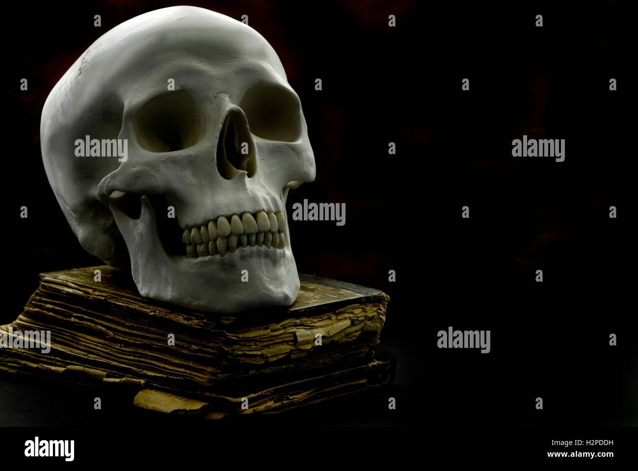 Cranio umano e vecchio libro, orrore e concetto di Halloween Foto Stock