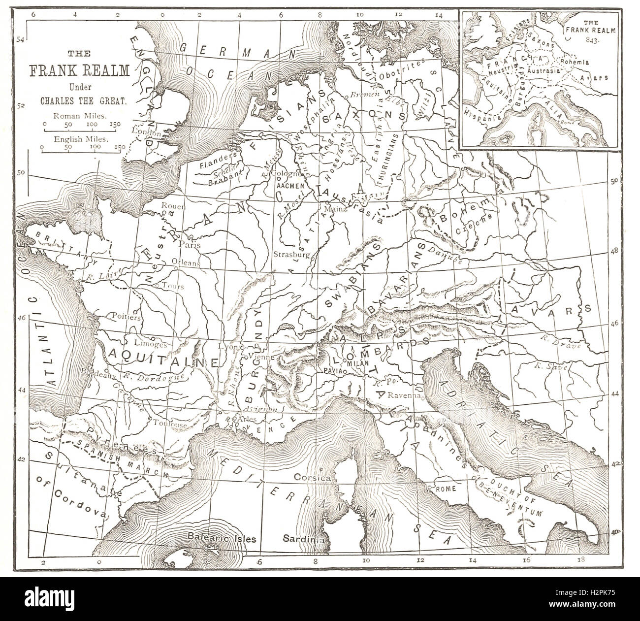 Mappa del regno dei Franchi sotto Carlo Magno. - Dalla 'Cassell illustrato della storia universale" - 1882 Foto Stock