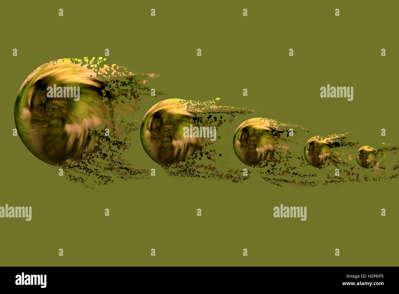 Illustrazione di cinque sfere in 3d con il colore oro effetto sparsi su uno sfondo verde Foto Stock