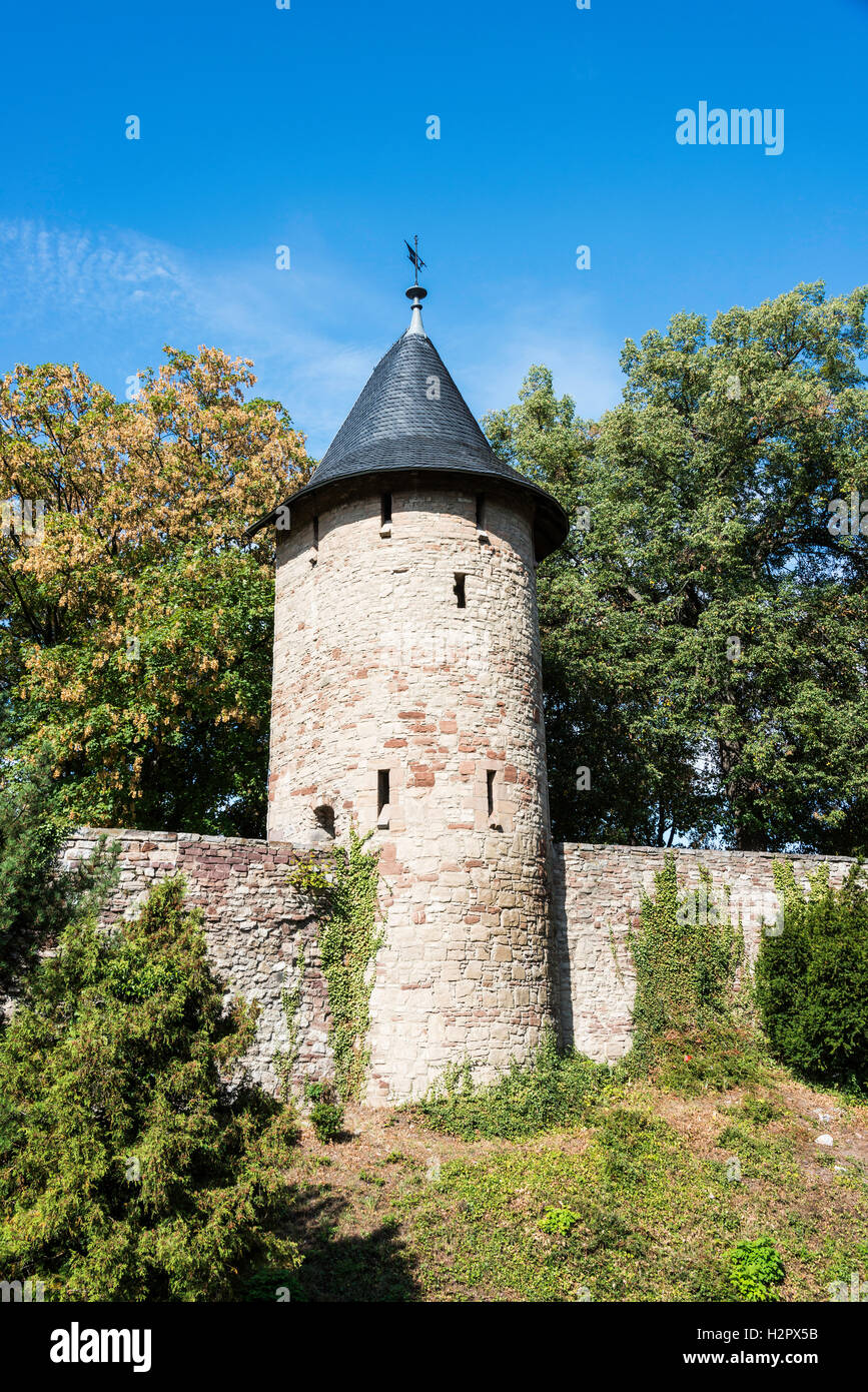 Le mura della città con la torre, Wernigerode, regione Harz, Sassonia-Anhalt, PublicGround Foto Stock