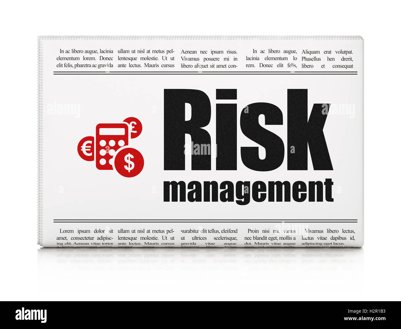 Il concetto di business: giornale con la gestione del rischio e la calcolatrice Foto Stock