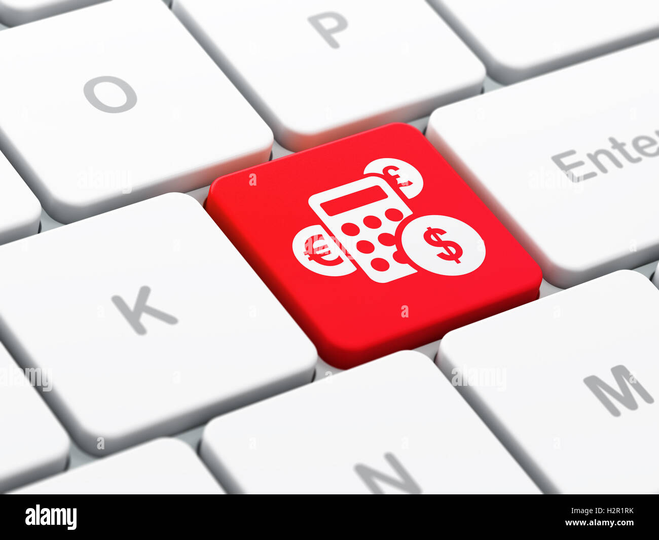 Il concetto di pubblicità: Calcolatrice sulla tastiera del computer sullo sfondo Foto Stock
