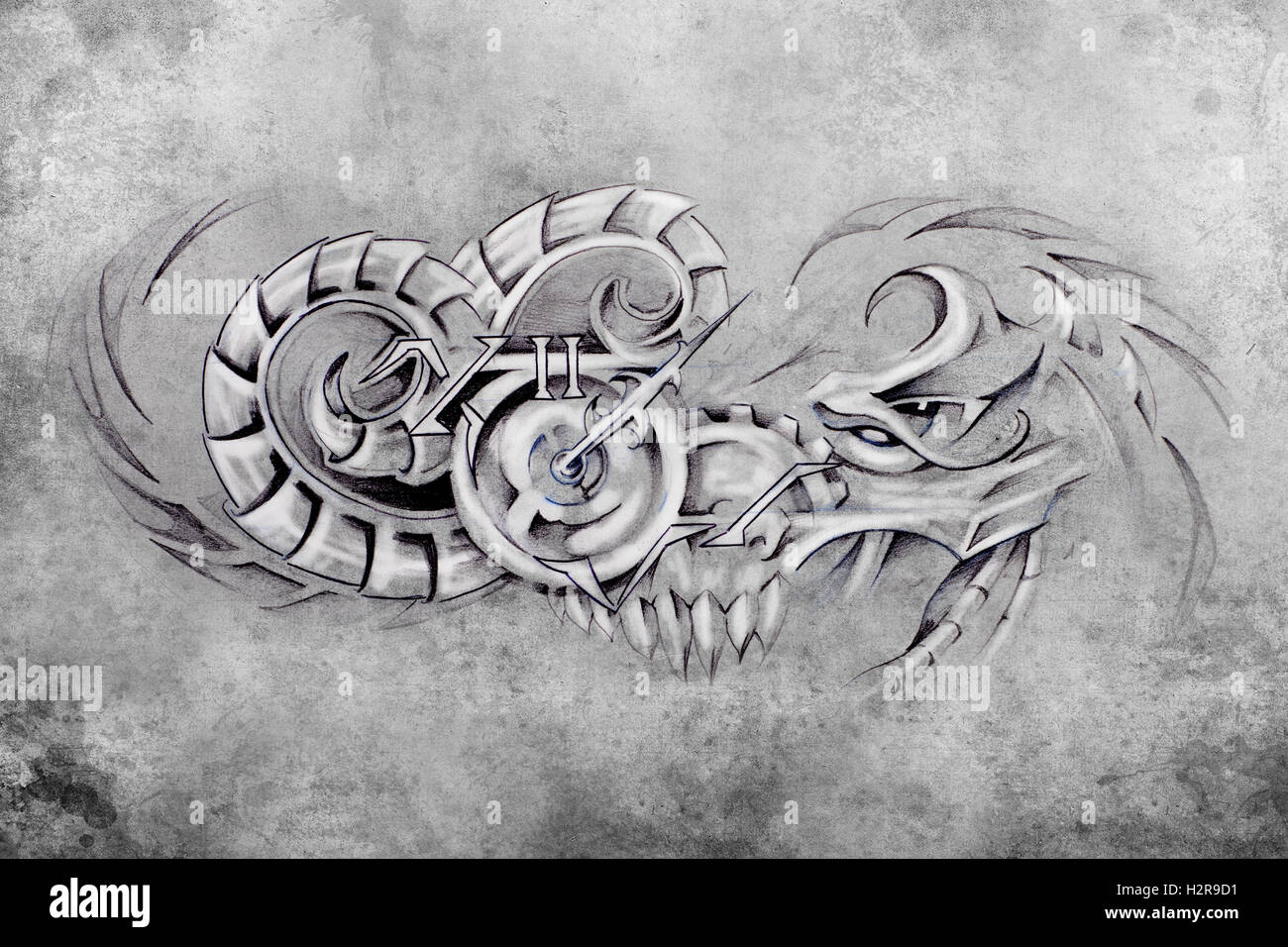 Tatuaggio diavolo con orologio, illustrazione, mano disegnare sopra vintag Foto Stock