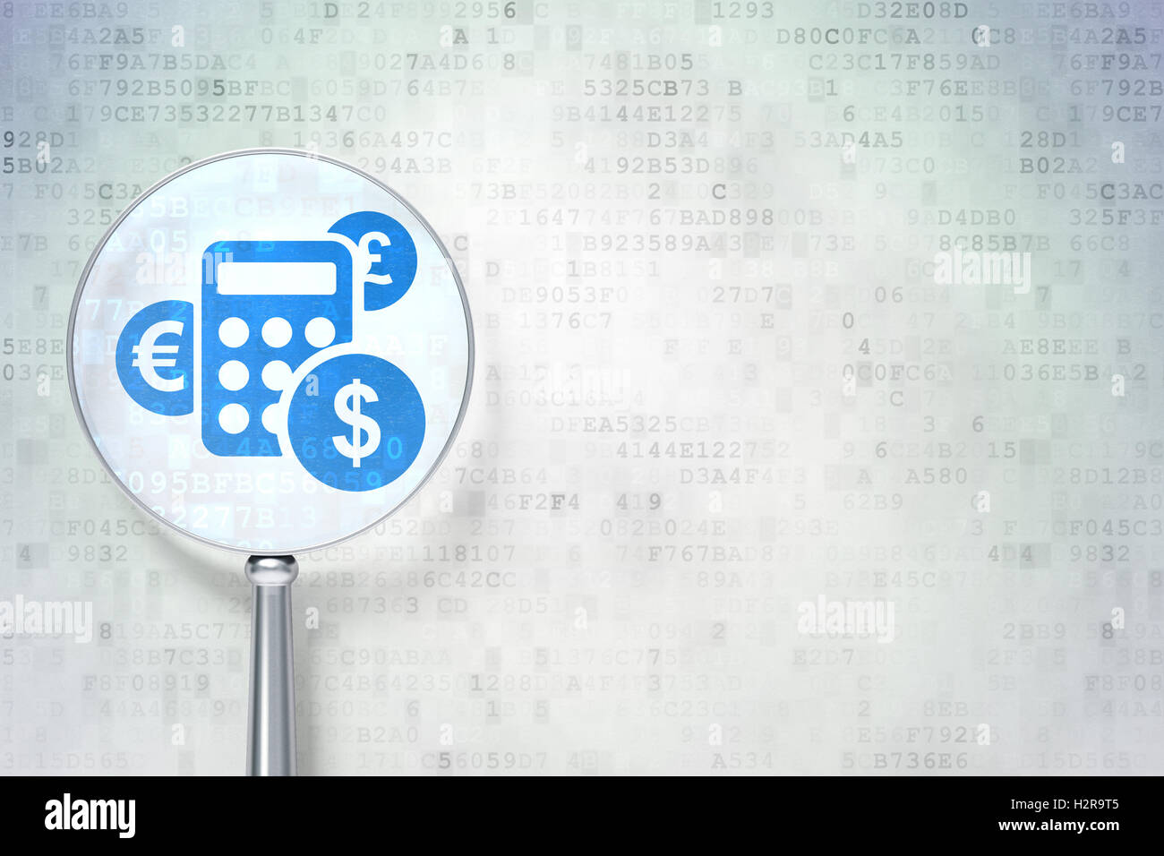 News concept: calcolatrice con vetro ottico su sfondo digitale Foto Stock