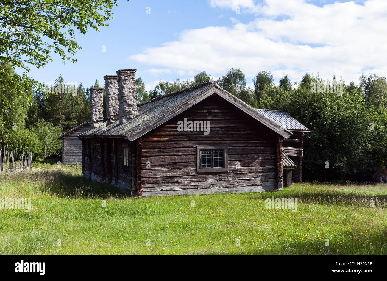 HARJEDALEN, Svezia sulla luglio 07, 2016. Vista di un antico casolare di campagna. Edificio nel log, legname. Uso editoriale. Foto Stock