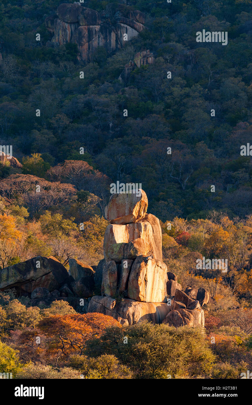 Rocce di bilanciamento bilanciamento di resistenza agli agenti atmosferici di geologia forme granitiche crollare sunrise giallo luce dorata contrasty contrasto incrinato cra Foto Stock