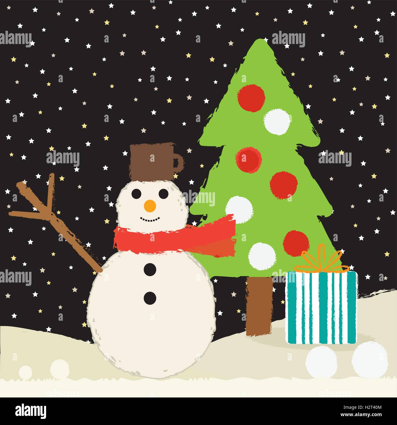 Albero Di Natale, Neve & Pupazzo Di Neve Ubriaco Illustrazione