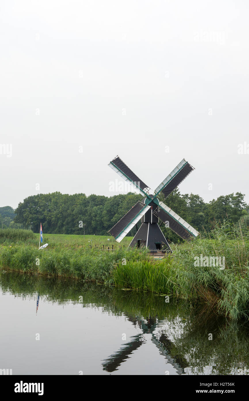 Mulino a vento olandese vicino al fiume Foto Stock