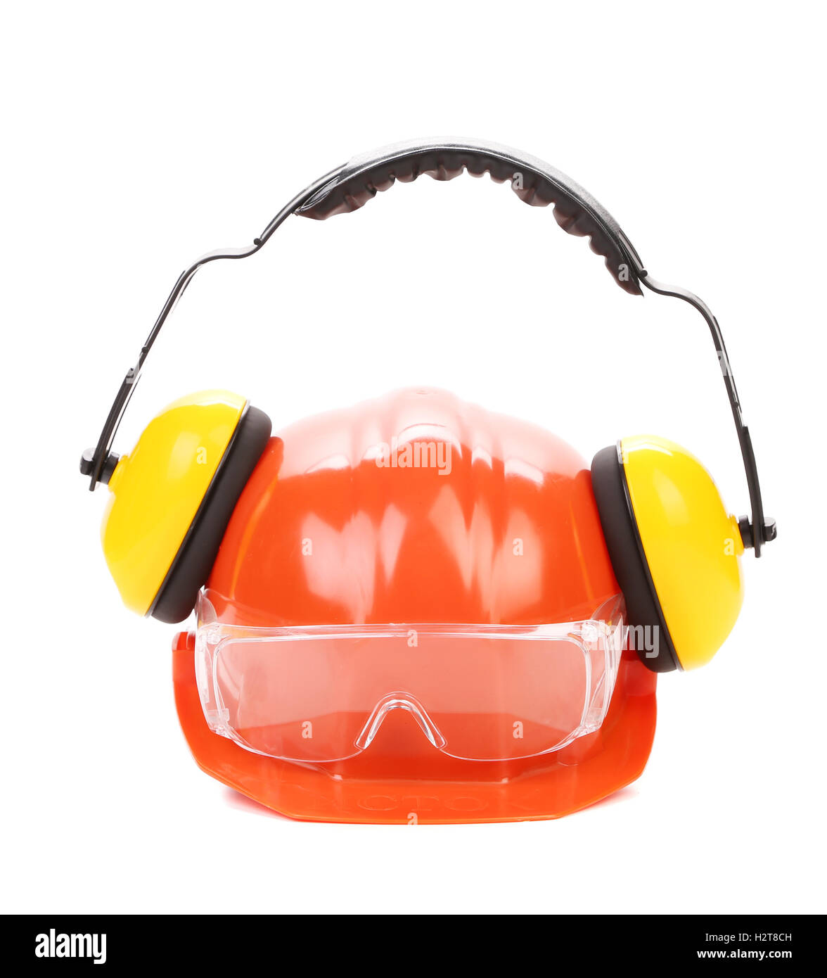 Arancione casco di sicurezza e protezione delle cuffie. Foto Stock
